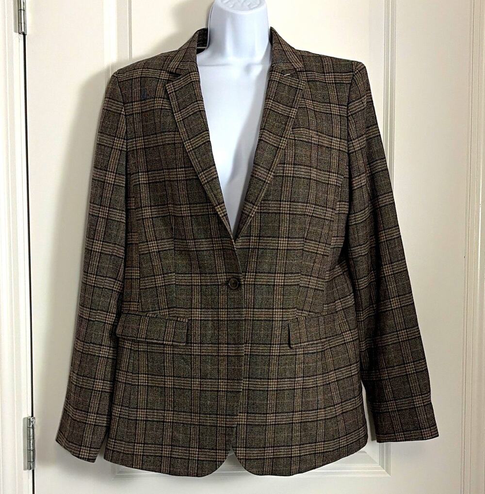 Banana Republic Brown Black Plaid 2pc Pant Suit Wool Blend Lined Stretch 12